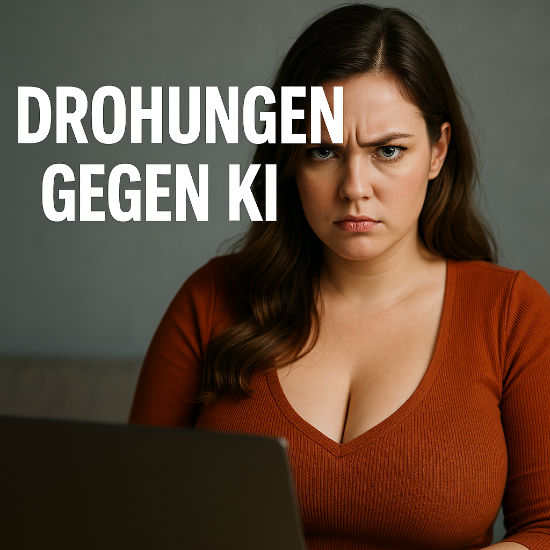 Junge Frau mit ernstem Blick vor Laptop, Text &bdquo;Drohungen gegen KI&ldquo; eingeblendet, Thema KI-Kommunikation.
