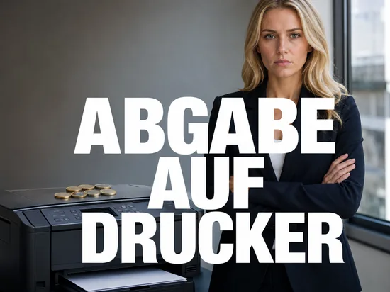 Ernste Geschäftsfrau neben einem Drucker mit Euro-Münzen, Symbolbild für die geforderte Strafabgabe auf Drucker