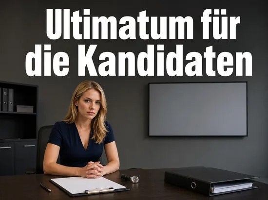 Frau am Bürotisch mit leerem Klemmbrett, Uhr und Aktenordner, Schriftzug Ultimatum für die Kandidaten