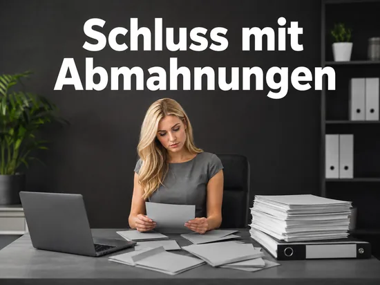 Frau am Schreibtisch mit Stapeln von Schreiben und einem Aktenordner
