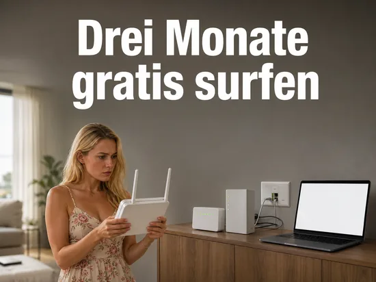 Frau mit WLAN-Router vor Sideboard und Laptop, Schriftzug Drei Monate gratis surfen