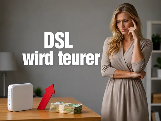 DSL-Router, roter Pfeil nach oben und Geldscheine auf einem Tisch, davor eine Frau mit besorgtem Blick