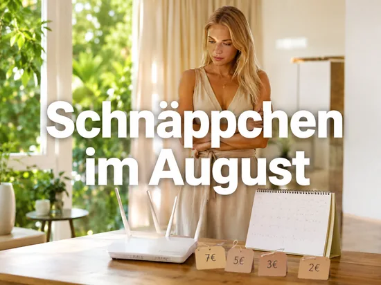 DSL-Router, Kalender und mehrere Preisschilder mit niedrigen Betraegen auf einem Tisch, davor eine Frau