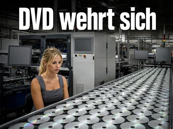 Blonde Frau in einer Fabrikhalle an einem Förderband mit vielen silbernen DVDs