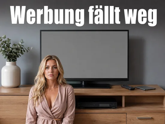 Blonde Frau vor einem Sideboard mit DVD-Rekorder, Fernbedienung und Fernseher mit leerem Bildschirm