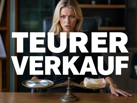 Geschaeftsfrau vor einer Waage mit DVD und Geldscheinen als Symbol fuer eine teure Klage nach einem guenstigen Verkauf
