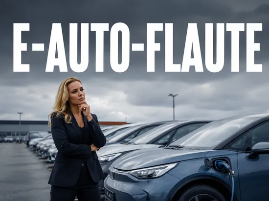 Nachdenkliche blonde Geschaeftsfrau vor Reihe geparkter Elektroautos mit Ladekabel, Symbolbild schwieriger Markt fuer gebrauchte E-Autos