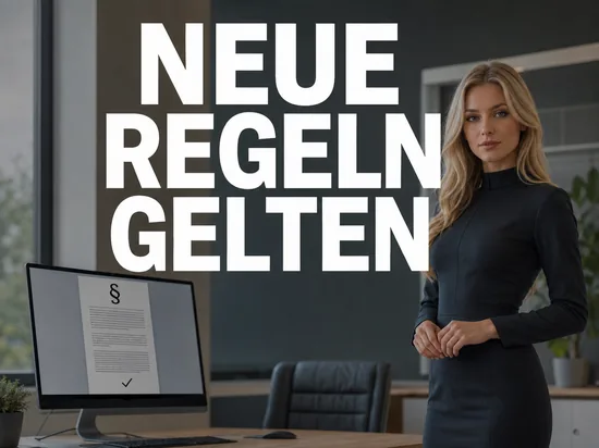 Blonde Frau vor Monitor mit Vertragsdokument, Paragraphenzeichen und Haken, Schriftzug Neue Regeln gelten