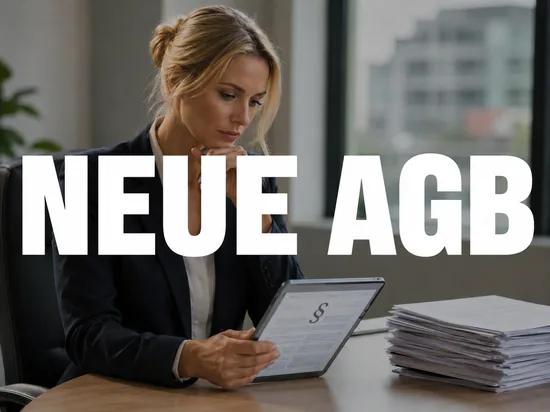 Blonde Geschaeftsfrau liest die neuen eBay-AGB auf einem Tablet, Schriftzug Neue AGB