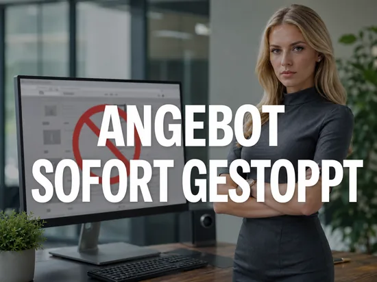 Blonde Geschaeftsfrau vor Monitor mit gesperrtem Auktionsangebot und rotem Verbotszeichen, Schriftzug Angebot sofort gestoppt
