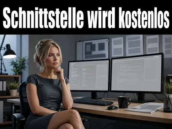 Entwickler-Arbeitsplatz mit zwei Monitoren voller Platzhalter-Code als Symbol fuer eine kostenlose Programmierschnittstelle