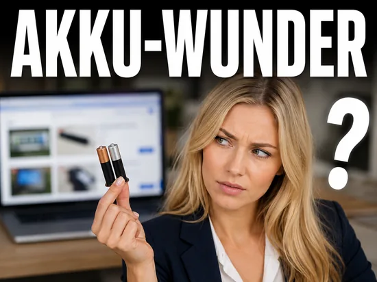 Blonde Geschaeftsfrau haelt skeptisch zwei Batterien mit grossem Fragezeichen vor Auktions-Bildschirm, Schriftzug Akku-Wunder