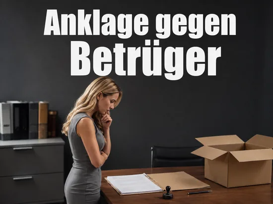 Frau an einem Schreibtisch mit Anklageschrift und leerem Paket: Anklage gegen einen Auktions-Betrueger erhoben