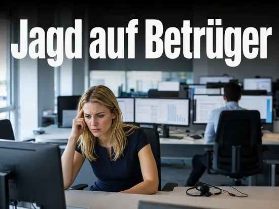 Frau in einem Grossraumbuero vor Bildschirmen mit Auswertungen: Ermittler jagen Betrueger im Auktionshaus