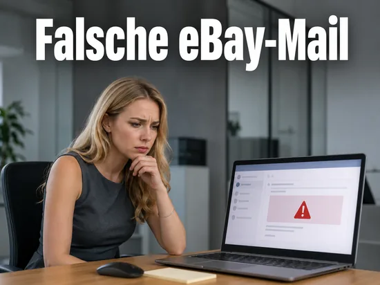Frau am Laptop mit gefaelschter Warnmail: Betrueger versenden falsche eBay-Nachrichten