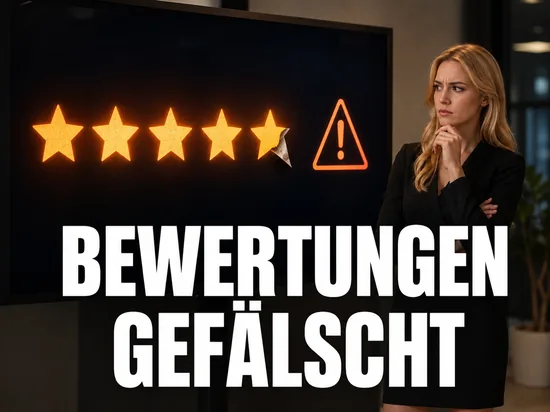 Skeptische blonde Geschäftsfrau vor einem Bildschirm mit Bewertungssternen, von denen einer sich als Fälschung ablöst, und einem Warndreieck