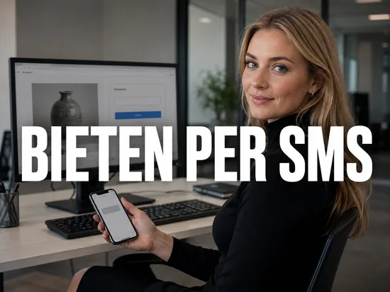 Blonde Frau haelt Smartphone mit Textnachricht vor Monitor mit Auktionsseite, Schriftzug Bieten per SMS