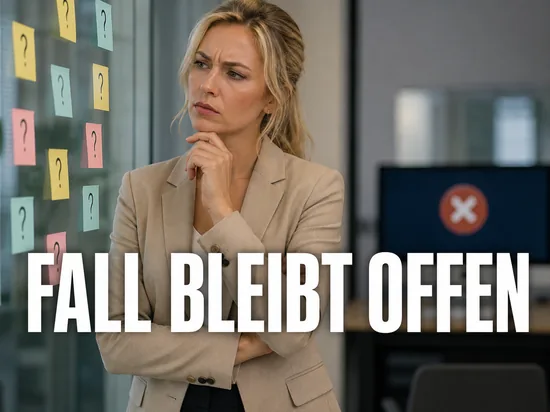 Blonde Geschaeftsfrau steht nachdenklich vor einer Wand mit Fragezeichen-Notizzetteln, Schriftzug Fall bleibt offen