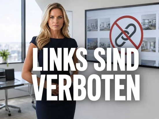 Blonde Geschäftsfrau vor einem Bildschirm mit Verkaufsanzeigen und durchgestrichenem Kettensymbol als Symbol für das Verbot externer Links in Auktionen
