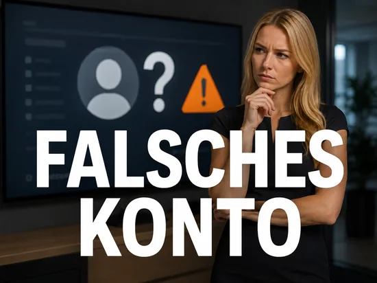 Skeptische blonde Geschäftsfrau vor einem Bildschirm mit anonymem Benutzerprofil, Fragezeichen und Warndreieck als Symbol für gefälschte Nutzerkonten
