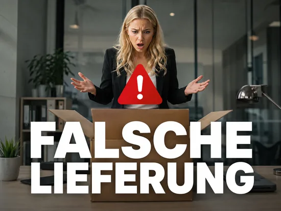 Blonde Geschaeftsfrau steht erschrocken vor einem geoeffneten Paket mit Warndreieck, Schriftzug Falsche Lieferung