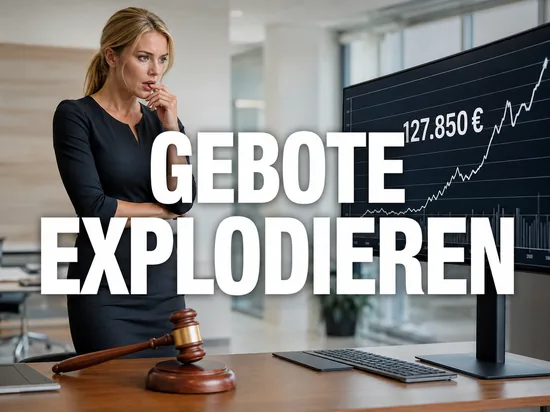 Geschaeftsfrau mit Auktionshammer vor Monitor mit stark steigender Gebotskurve einer Online-Auktion