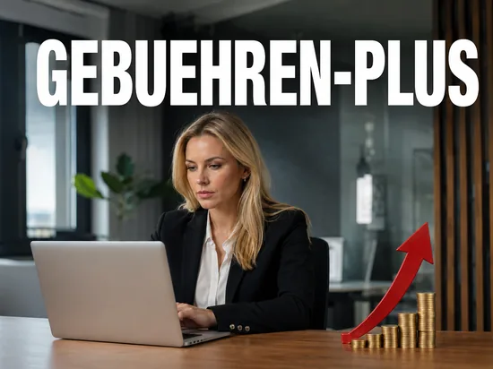Blonde Frau am Laptop mit steigenden Euro-Muenzstapeln und rotem Aufwaertspfeil, Symbolbild steigende Verkaufsgebuehren auf einer Online-Plattform