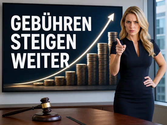 Verärgerte blonde Geschäftsfrau vor einem Bildschirm mit steigender Gebührenkurve und Münzstapeln als Symbol für Kritik am Gebührenmodell einer Auktionsplattform