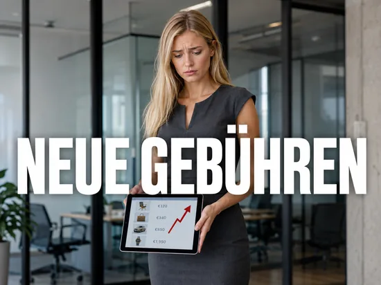 Blonde Geschaeftsfrau zeigt Tablet mit Online-Auktionspreisen und steigendem Pfeil, Schriftzug Neue Gebuehren