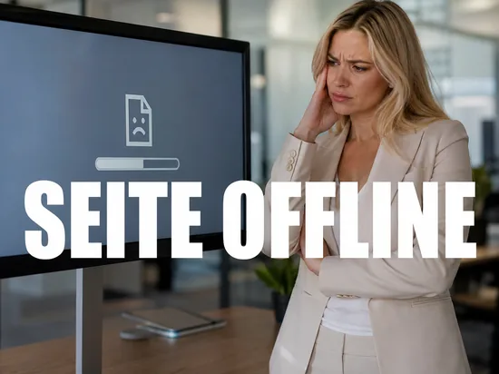Blonde Geschaeftsfrau blickt besorgt auf einen Monitor mit nicht erreichbarer Webseite, Schriftzug Seite offline