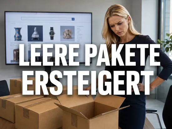 Skeptische blonde Geschäftsfrau mit mehreren Paketkartons, davon einer leer geöffnet, vor einer Auktionsseite als Symbol für Hütchenspieler-Angebote bei eBay