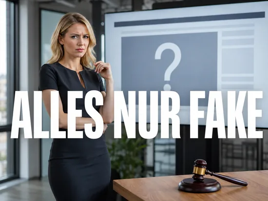 Skeptische blonde Geschäftsfrau vor einer Auktionsseite mit großem Fragezeichen und Auktionshammer als Symbol für eine mögliche Fälschung