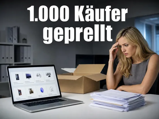 Frau am Schreibtisch mit Laptop, Rechnungsstapel und leerem Paket: ueber 1.000 Online-Kaeufer geprellt