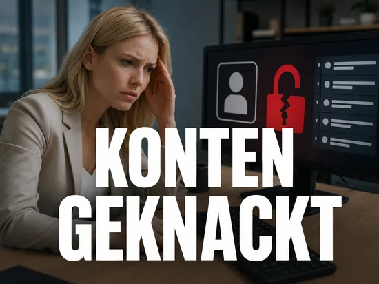 Blonde Geschaeftsfrau blickt besorgt auf einen Monitor mit Benutzerkonto und aufgebrochenem Schloss, Schriftzug Konten geknackt