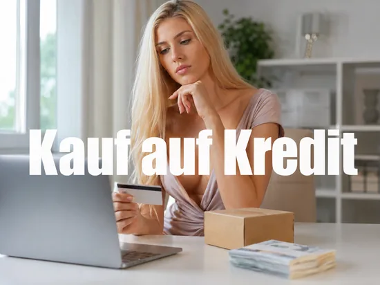 Laptop, neutrale Kreditkarte, Paket und Geldscheine auf einem Tisch, davor eine Frau mit Karte in der Hand