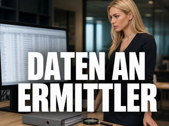 Geschaeftsfrau vor Monitor mit anonymisierter Kundendatentabelle, Aktenordner und Lupe als Symbol fuer Datenherausgabe an Ermittler