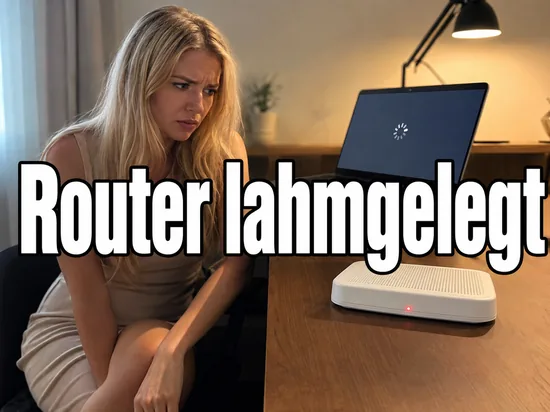 DSL-Router mit roter Warnleuchte neben einem Laptop mit Ladeanzeige, davor eine Frau mit besorgtem Blick