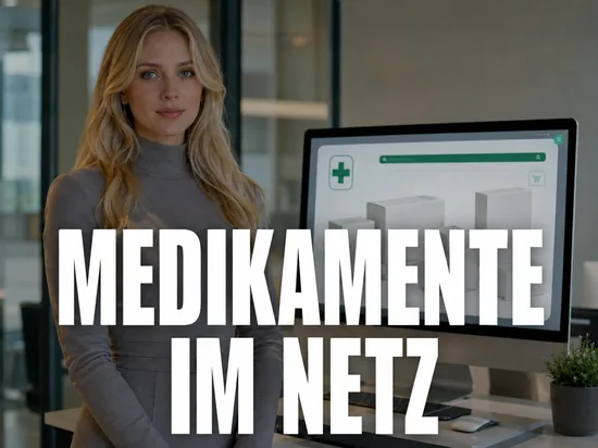 Blonde Frau vor Monitor mit Online-Apotheke und neutralen Medikamentenschachteln, Schriftzug Medikamente im Netz
