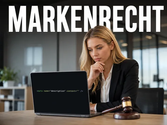 Blonde Geschaeftsfrau am Laptop mit HTML-Meta-Tag-Code neben Richterhammer, Schriftzug Markenrecht