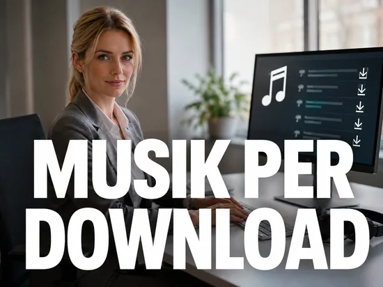 Blonde Geschaeftsfrau am Rechner mit Musiktitel-Liste und Download-Pfeilen, Schriftzug Musik per Download