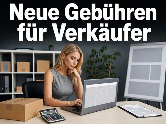 Schreibtisch mit Laptop, leerer Gebuehrentabelle und Versandkarton als Symbol fuer neue Verkaufsgebuehren