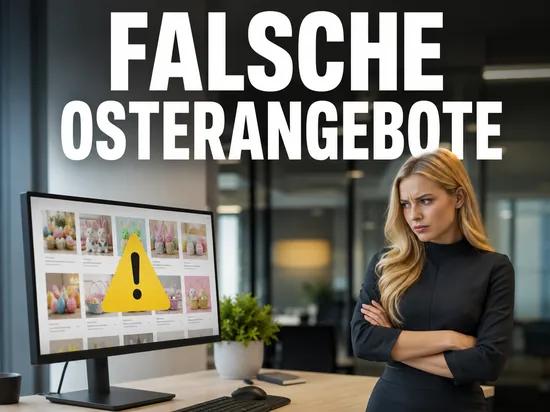 Blonde Frau blickt skeptisch auf Monitor mit Osterartikel-Angeboten und Warnsymbol, Schriftzug Falsche Osterangebote