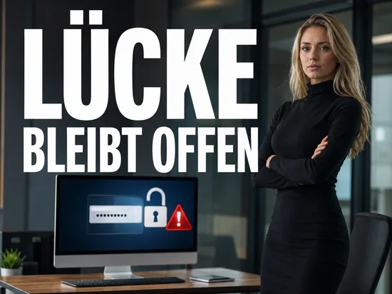 Blonde Frau vor Monitor mit Passwortfeld, geoeffnetem Schloss und Warndreieck, Schriftzug Luecke bleibt offen