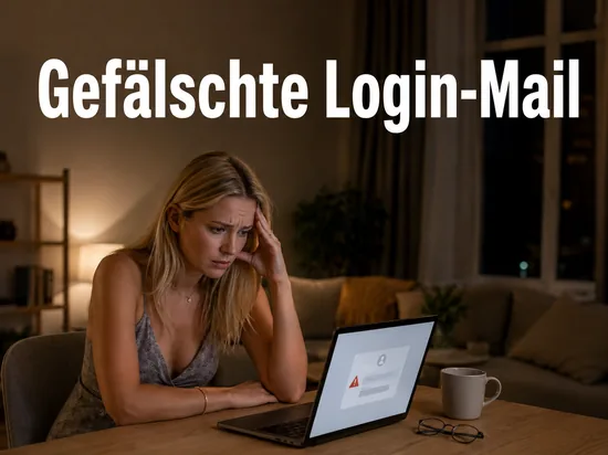 Frau am Laptop mit gefaelschtem Login-Formular und Warnsymbol: neuer Betrugsversuch mit gefaelschter Mail