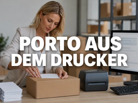 Blonde Geschaeftsfrau beklebt ein Versandpaket neben einem Etikettendrucker, Schriftzug Porto aus dem Drucker