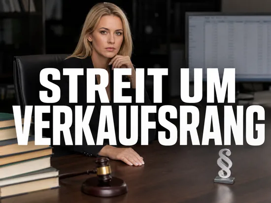 Blonde Geschaeftsfrau am Schreibtisch mit Buechern, Auktionshammer und Paragrafen-Symbol, Schriftzug Streit um Verkaufsrang