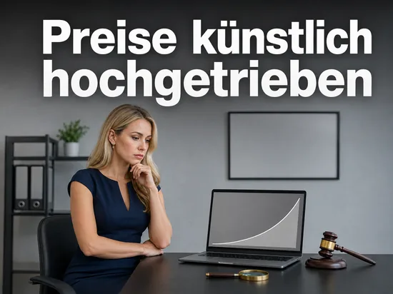 Laptop mit steil steigender Kurve, Auktionshammer und Lupe als Symbol fuer manipulierte Auktionspreise