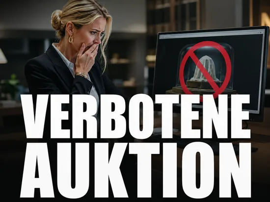 Blonde Geschaeftsfrau blickt entsetzt auf eine Auktionsseite mit Verbotssymbol ueber einem verhuellten Ausstellungsstueck, Schriftzug Verbotene Auktion