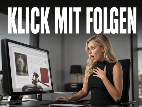 Blonde Frau erschrickt vor Monitor mit Auktionsseite, Gewinn-Stern und ausgeloestem Gebot, Schriftzug Klick mit Folgen