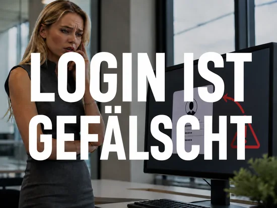 Blonde Frau blickt besorgt auf Monitor mit Anmeldemaske, Umleitungspfeil und Warndreieck, Schriftzug Login ist gefaelscht